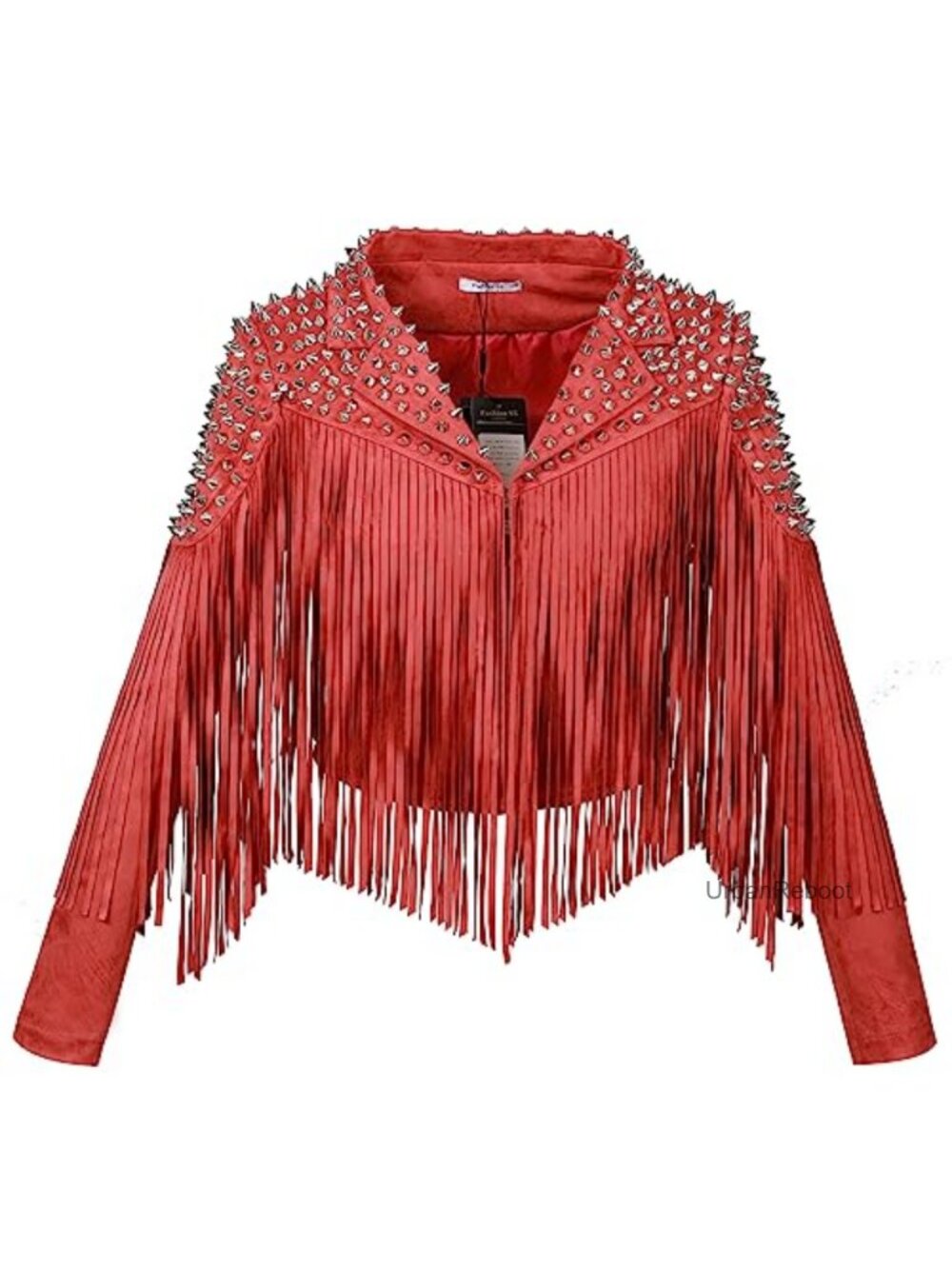 Women's Faux Leather Short Motorcycle Jacket with Tassel Rivet Detail - Picture 2 of 6